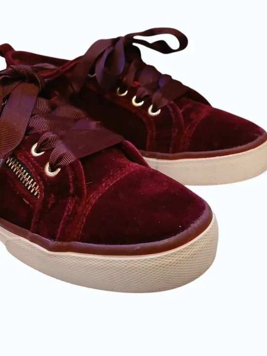 NOT RATED Red/Burgundy Velvet Gold Zipper Satin Lace Sneakers - Picture 9 of 16